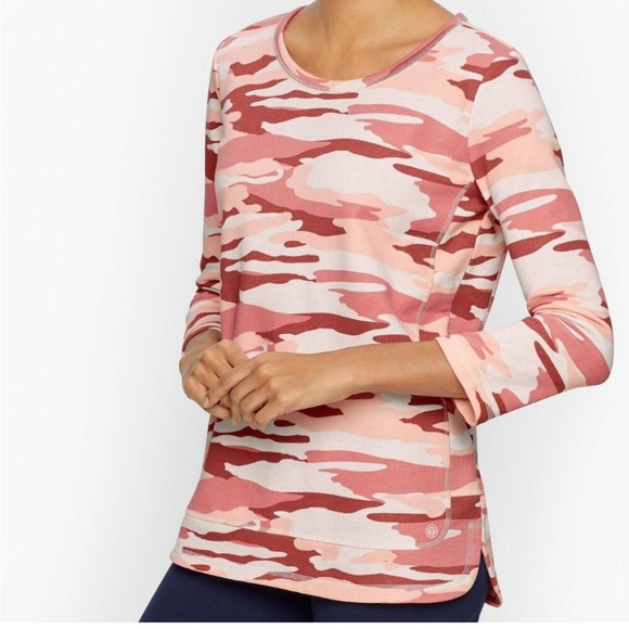 T By Talbots Pink Camo Classic French Terry Pullover Sweatshirt Medium Top - Picture 2 of 9